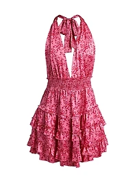 Quintelle Floral-Bow Print Ruffle Halter Minidress