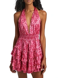 Quintelle Floral-Bow Print Ruffle Halter Minidress