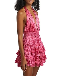Quintelle Floral-Bow Print Ruffle Halter Minidress