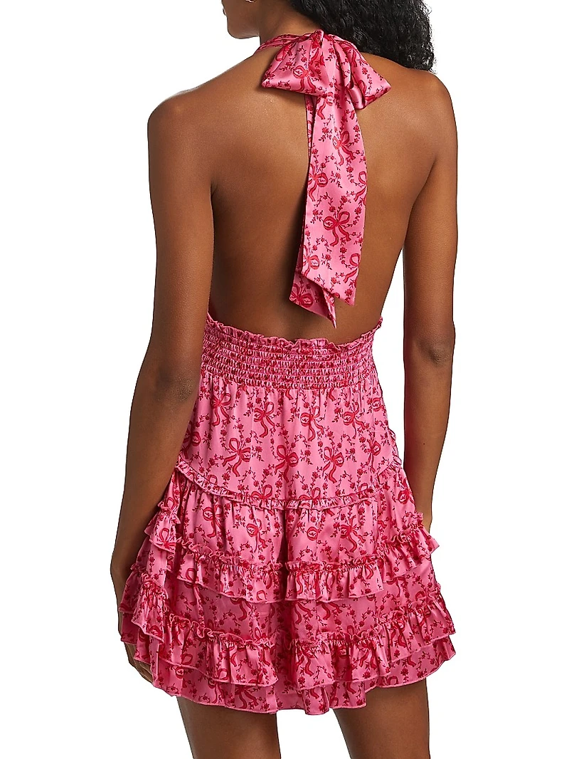 Quintelle Floral-Bow Print Ruffle Halter Minidress