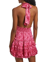 Quintelle Floral-Bow Print Ruffle Halter Minidress