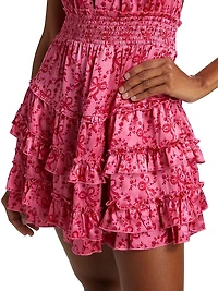 Quintelle Floral-Bow Print Ruffle Halter Minidress