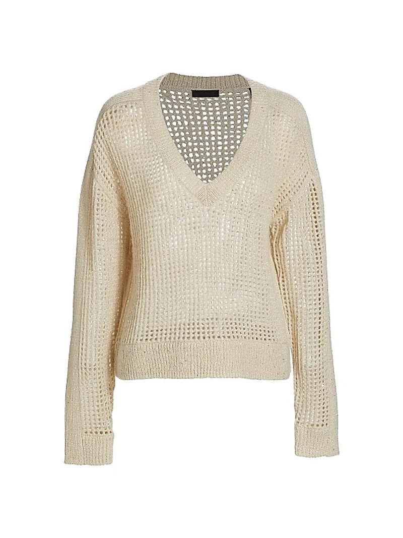 Sequined Open-Knit V-Neck Sweater