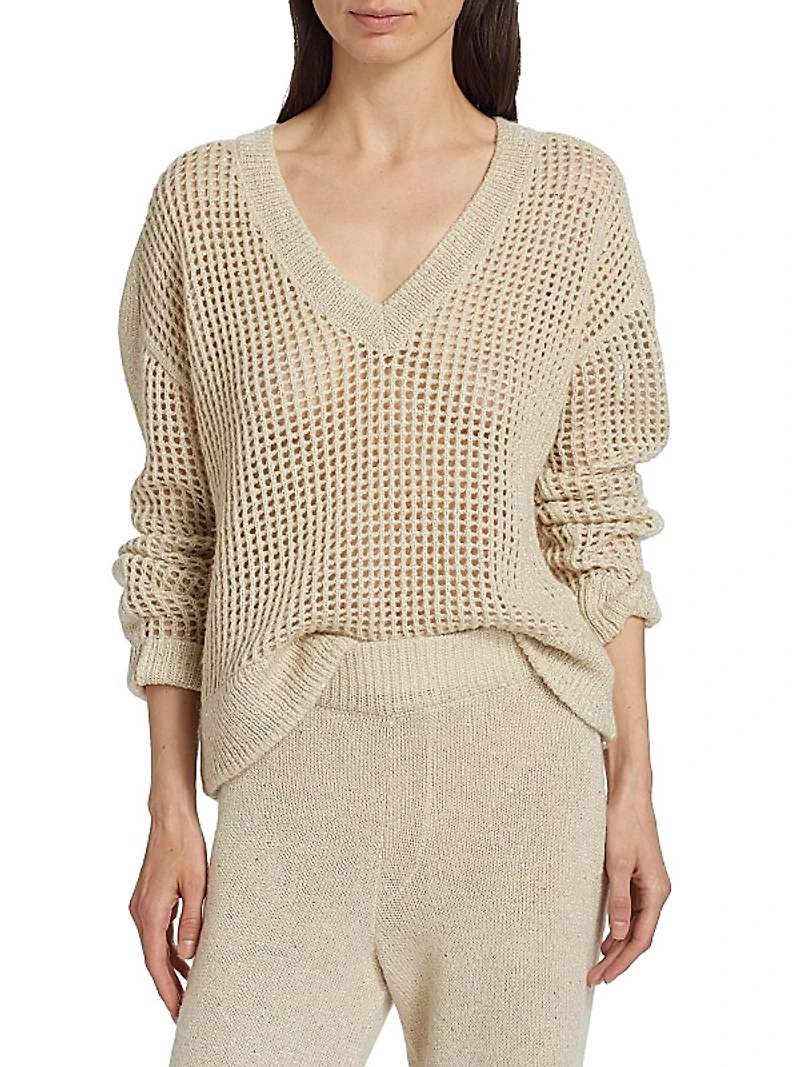 Sequined Open-Knit V-Neck Sweater