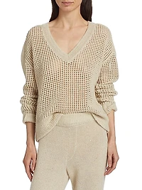 Sequined Open-Knit V-Neck Sweater