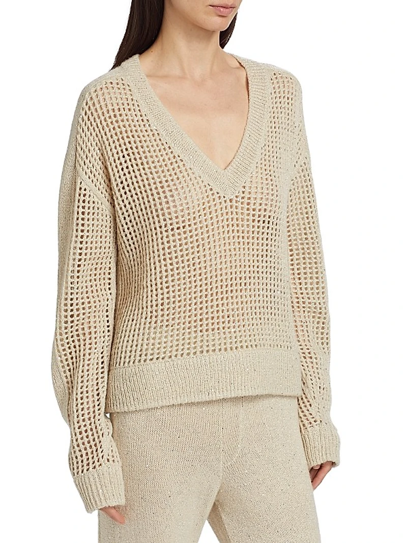 Sequined Open-Knit V-Neck Sweater