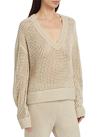 Sequined Open-Knit V-Neck Sweater