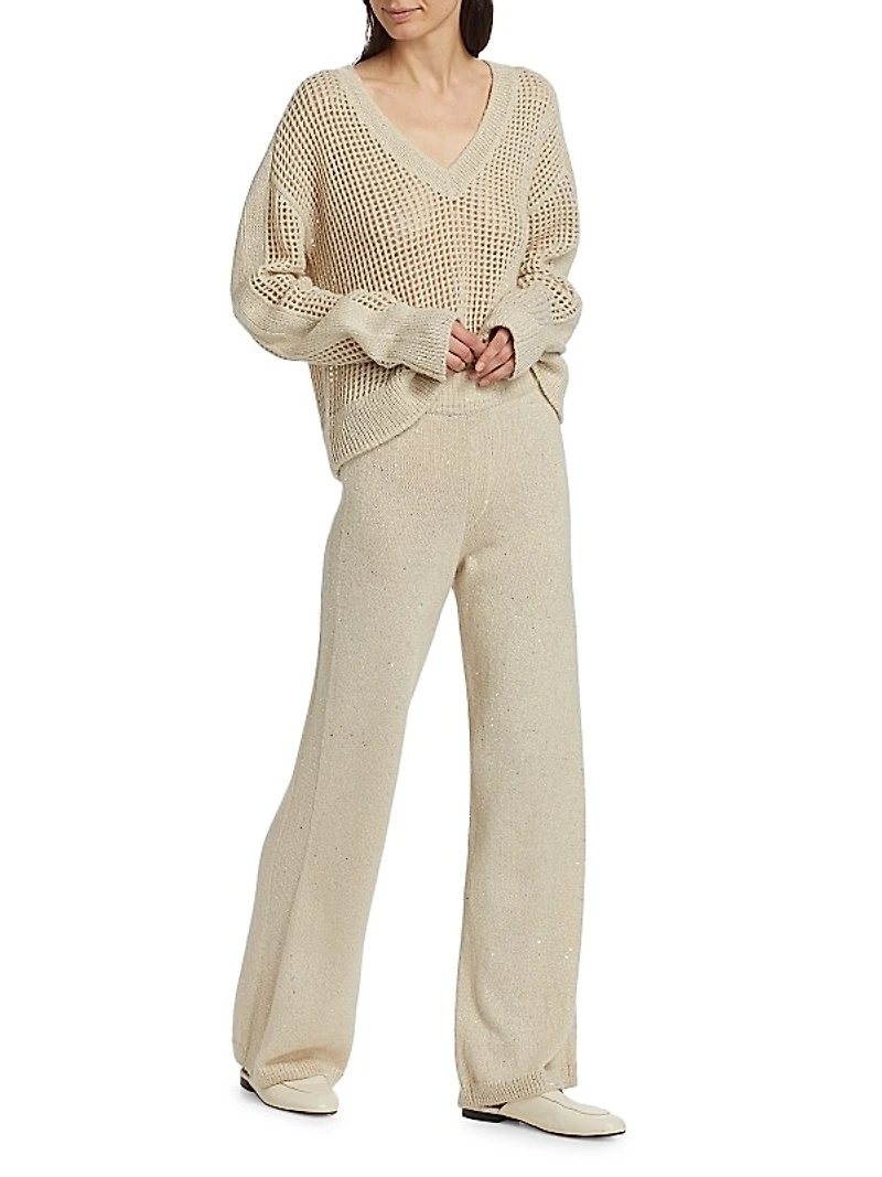 Sequined Open-Knit V-Neck Sweater