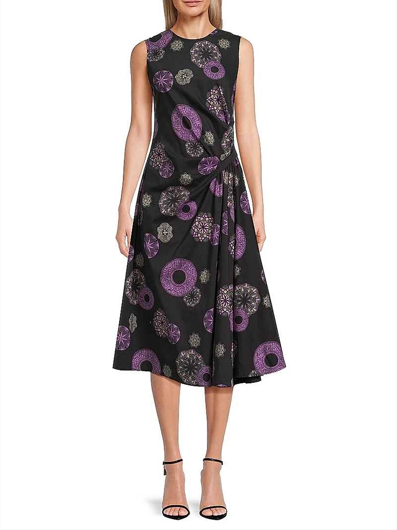 Ikiagi Geometric Cotton-Silk Sleeveless Midi-Dress