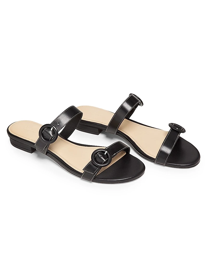 Double Buckle Leather Flat Sandals