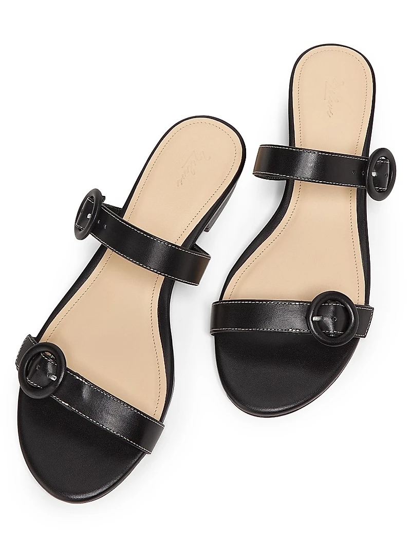 Double Buckle Leather Flat Sandals