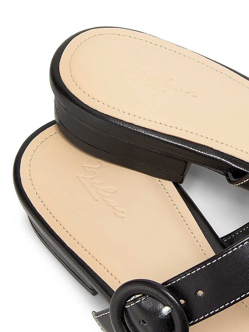 Double Buckle Leather Flat Sandals