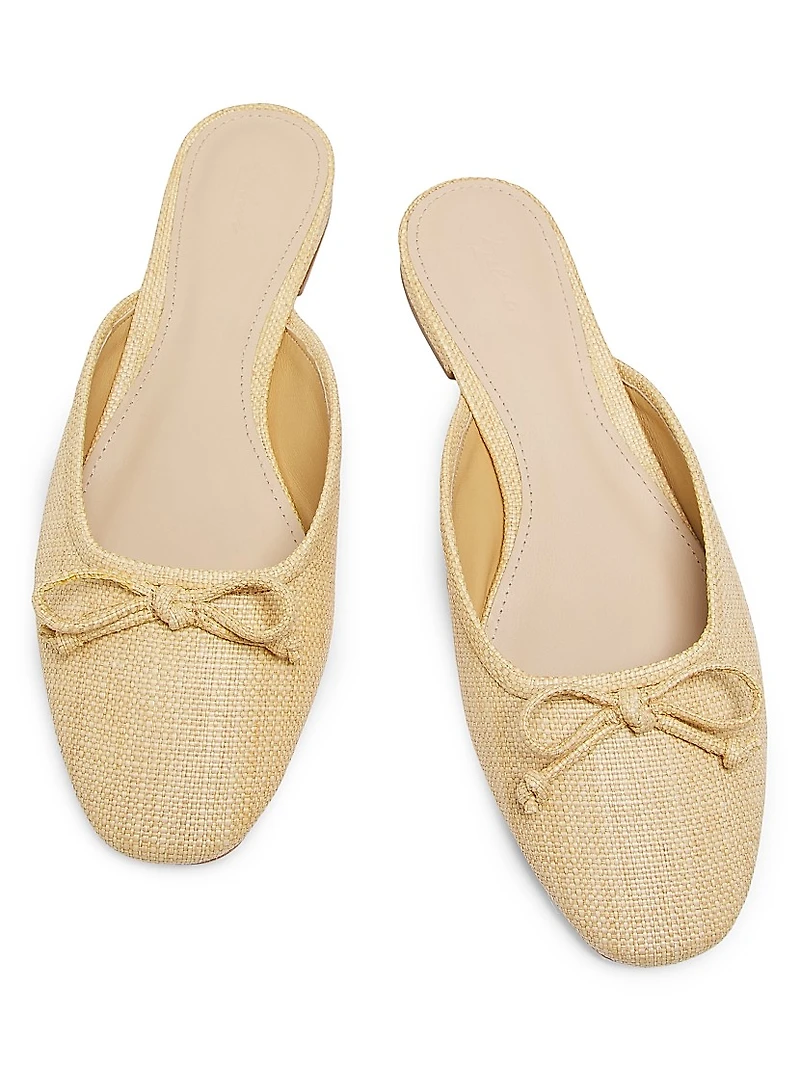 Bow-Embellished Raffia Ballet Mules