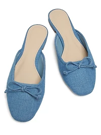 Bow-Embellished Denim Ballet Mules