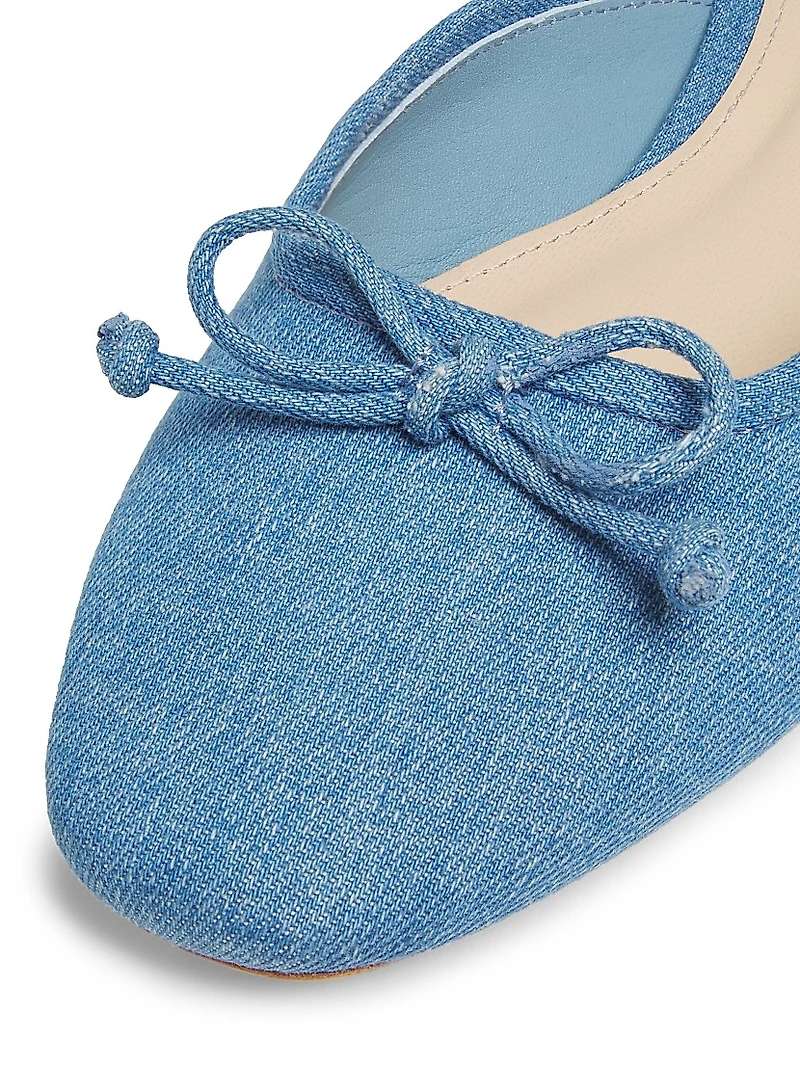Bow-Embellished Denim Ballet Mules