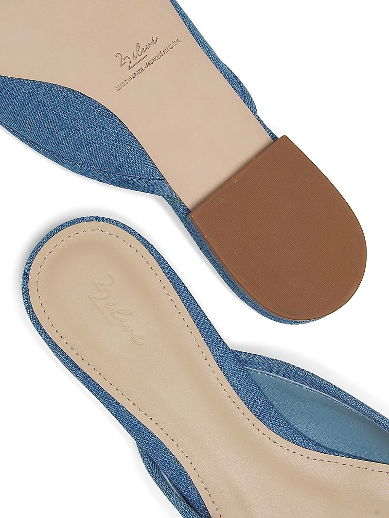 Bow-Embellished Denim Ballet Mules