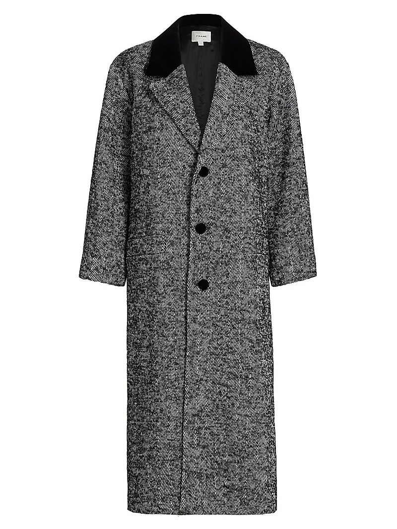Herringbone Velvet-Trim Long Coat