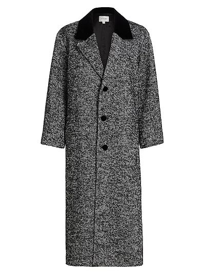 Herringbone Velvet-Trim Long Coat