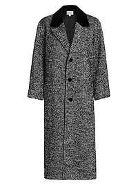 Herringbone Velvet-Trim Long Coat