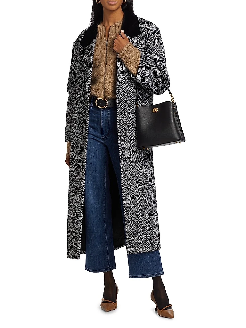 Herringbone Velvet-Trim Long Coat