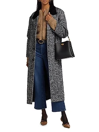 Herringbone Velvet-Trim Long Coat