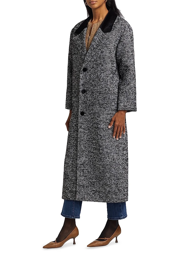 Herringbone Velvet-Trim Long Coat
