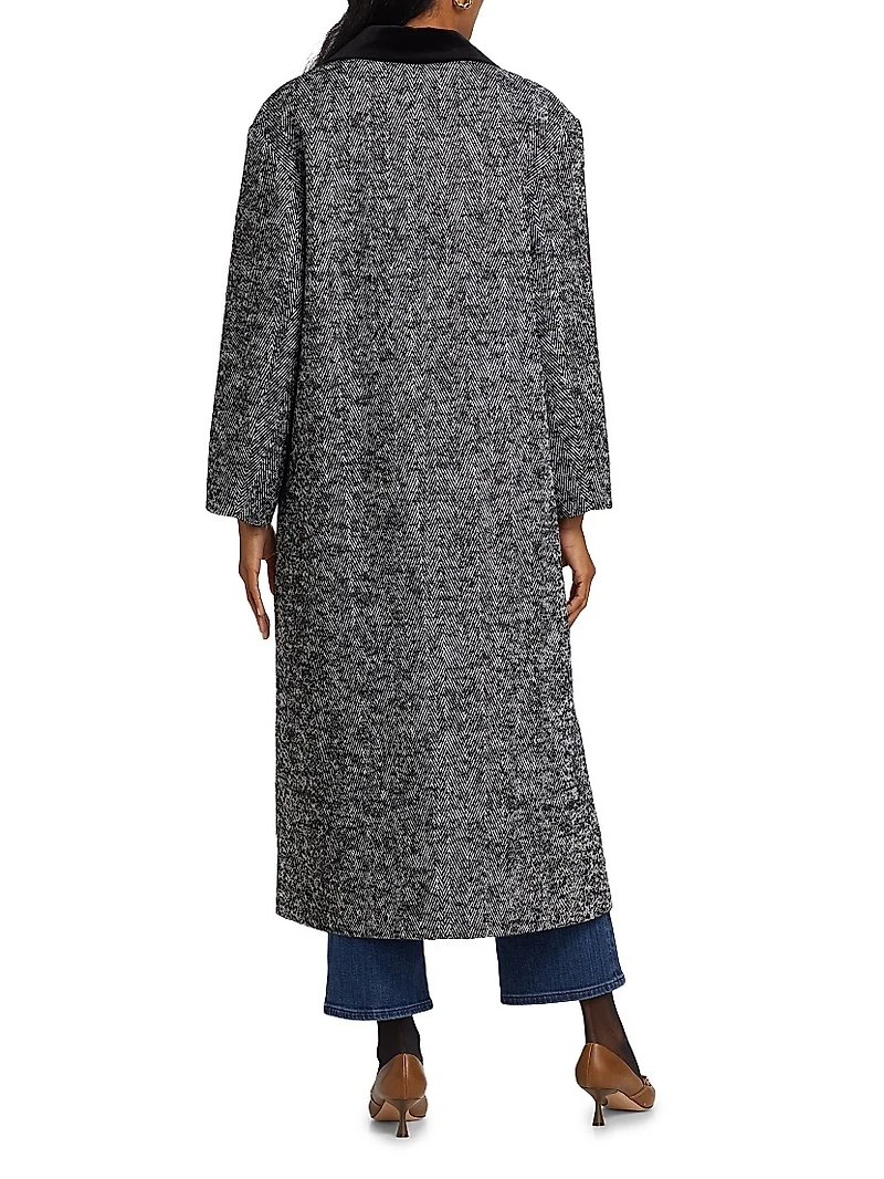 Herringbone Velvet-Trim Long Coat