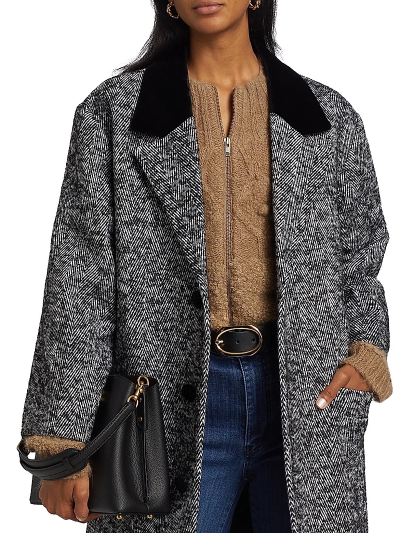 Herringbone Velvet-Trim Long Coat