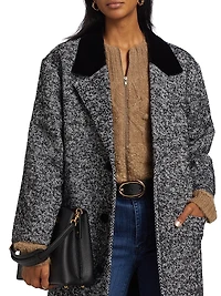 Herringbone Velvet-Trim Long Coat