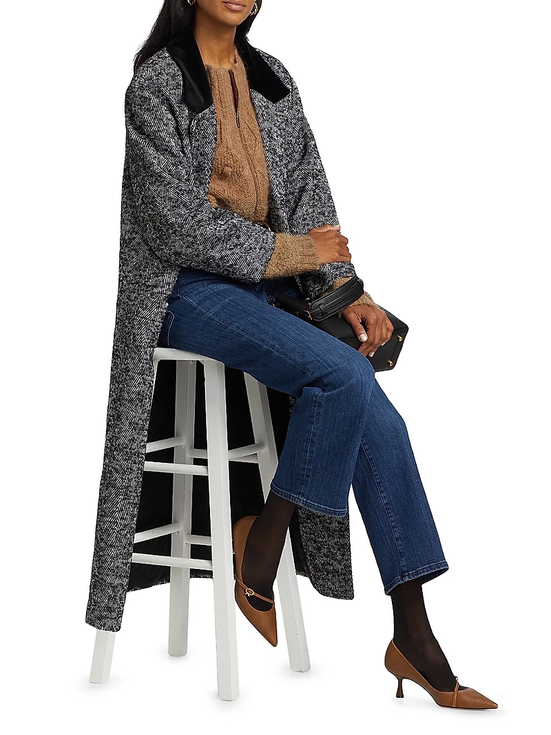 Herringbone Velvet-Trim Long Coat