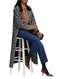Herringbone Velvet-Trim Long Coat