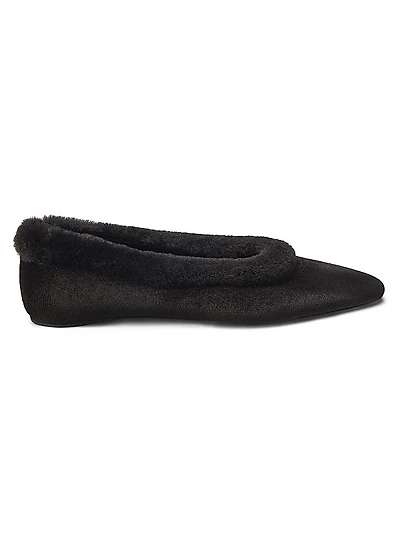 Shearling-Trimmed Velvet Ballerina Flats