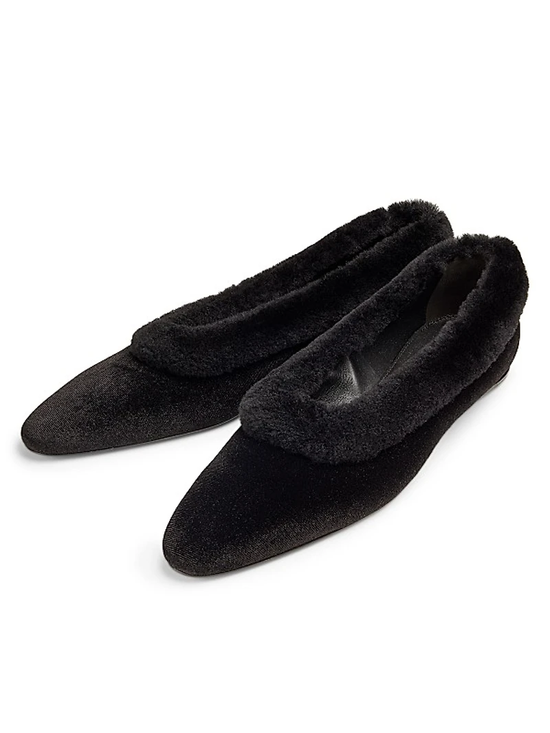 Shearling-Trimmed Velvet Ballerina Flats