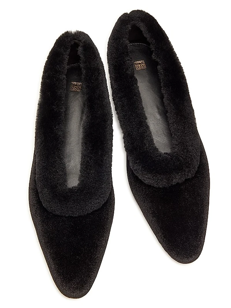 Shearling-Trimmed Velvet Ballerina Flats