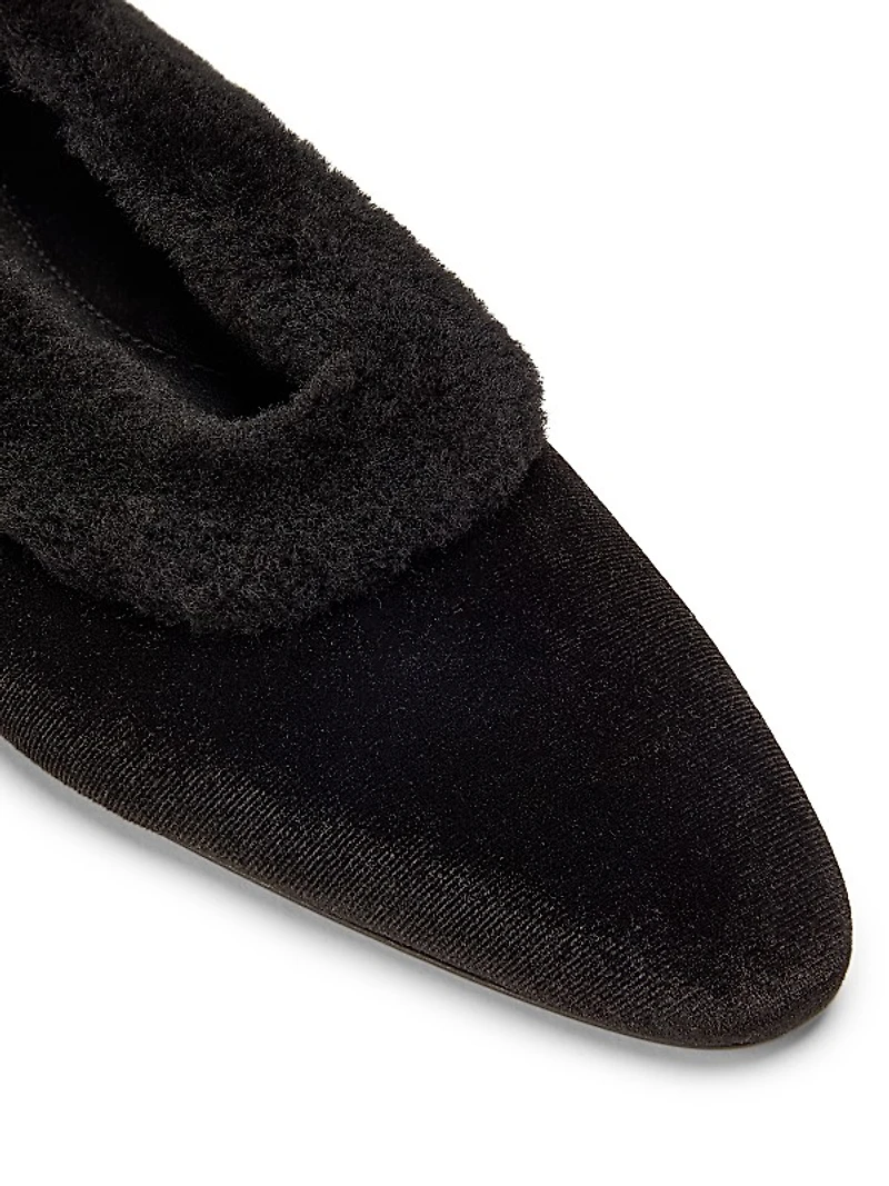 Shearling-Trimmed Velvet Ballerina Flats