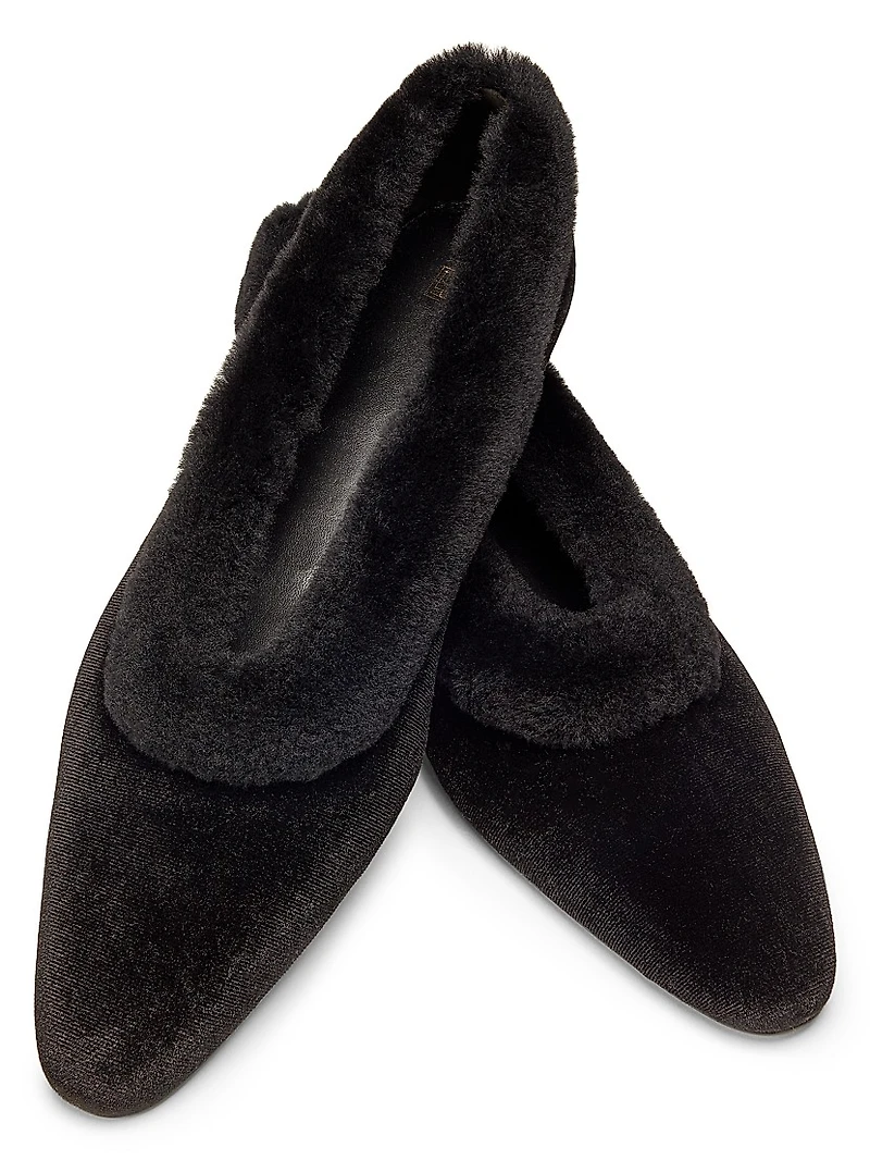Shearling-Trimmed Velvet Ballerina Flats