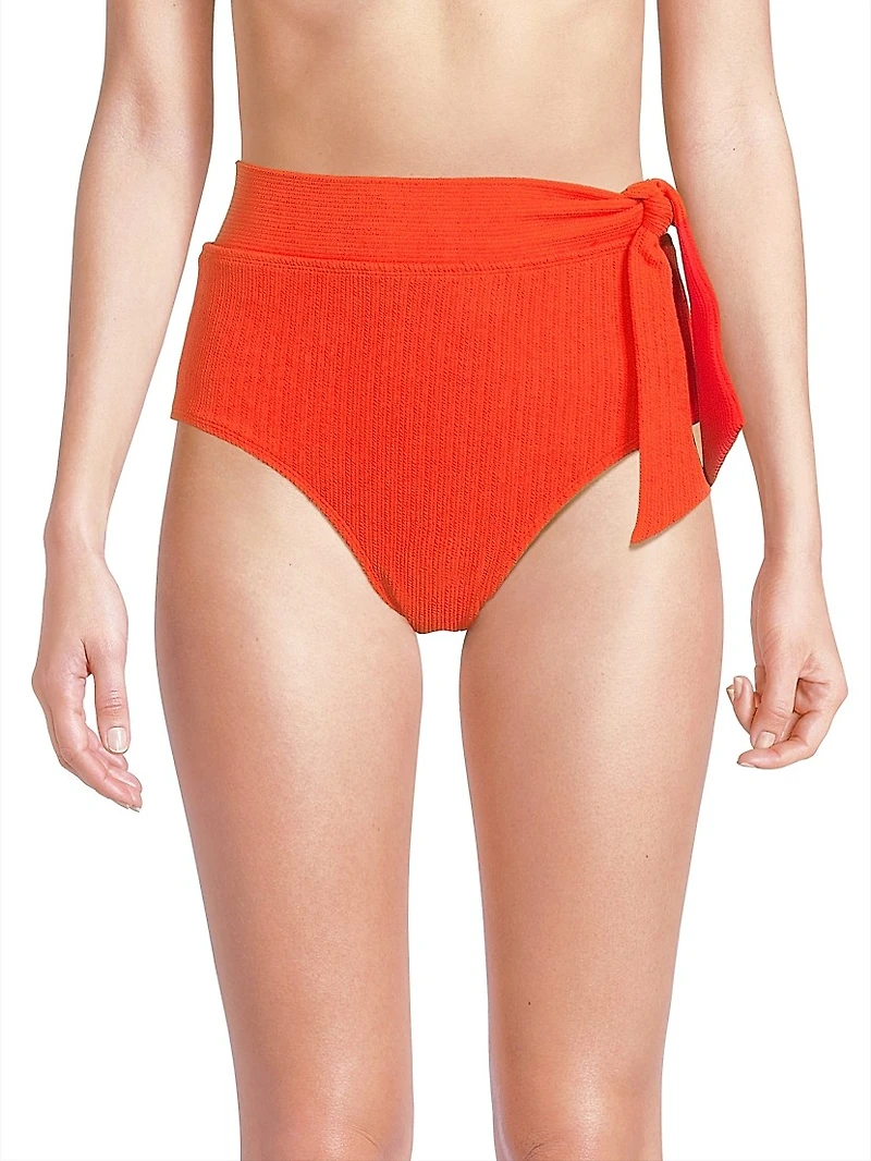 Textured Side-Tie High-Waisted Bikini Bottom