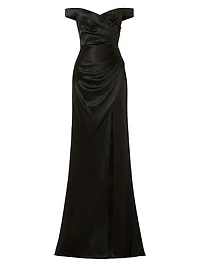 Paulina Ruched Satin Off-The-Shoulder Gown