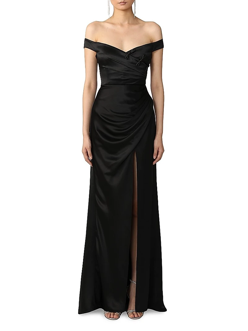Paulina Ruched Satin Off-The-Shoulder Gown