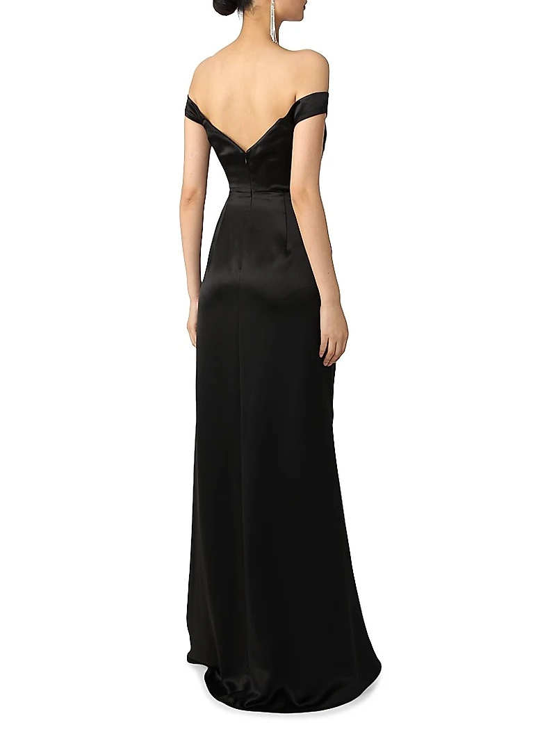 Paulina Ruched Satin Off-The-Shoulder Gown