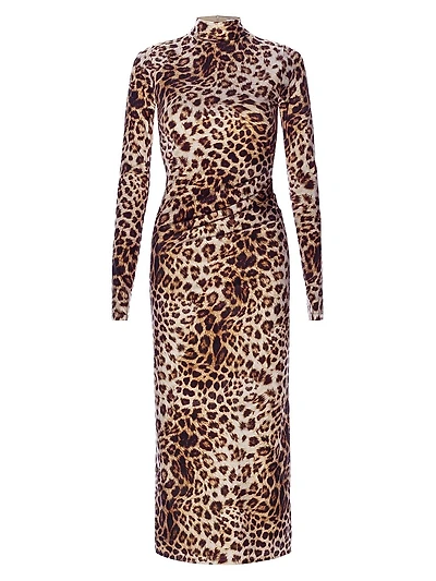 Leopard Print Satin Shine Midi-Dress