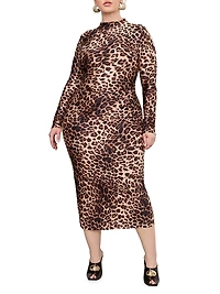 Leopard Print Satin Shine Midi-Dress
