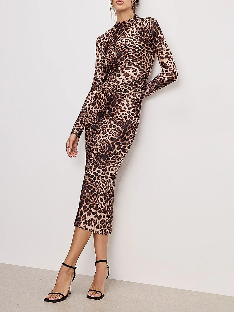 Leopard Print Satin Shine Midi-Dress