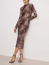 Leopard Print Satin Shine Midi-Dress