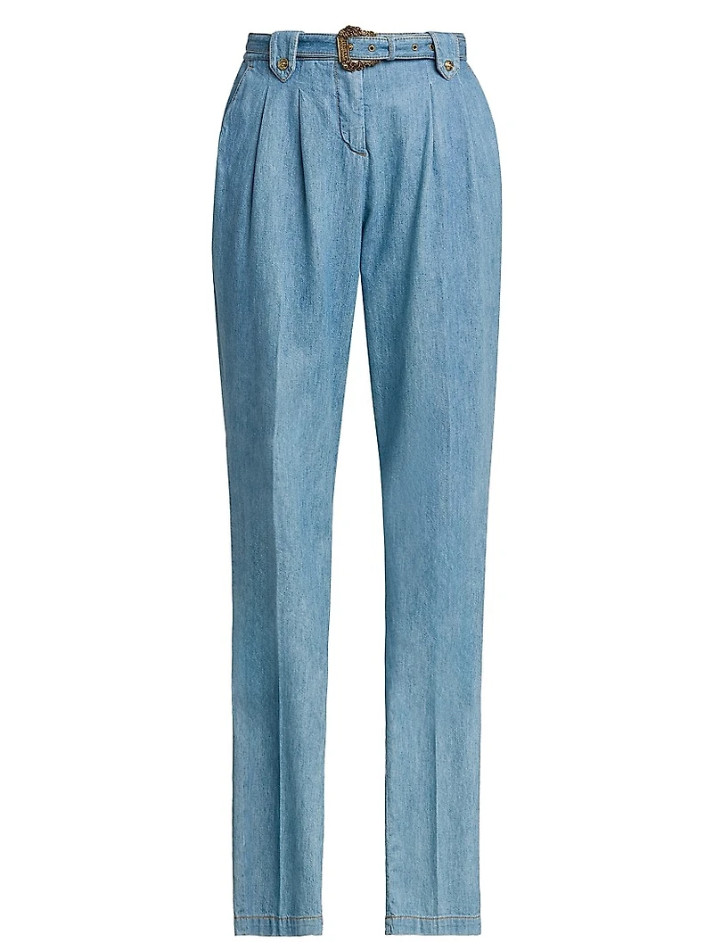Washed Denim High-Rise Straight-Leg Belted Pants