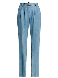 Washed Denim High-Rise Straight-Leg Belted Pants