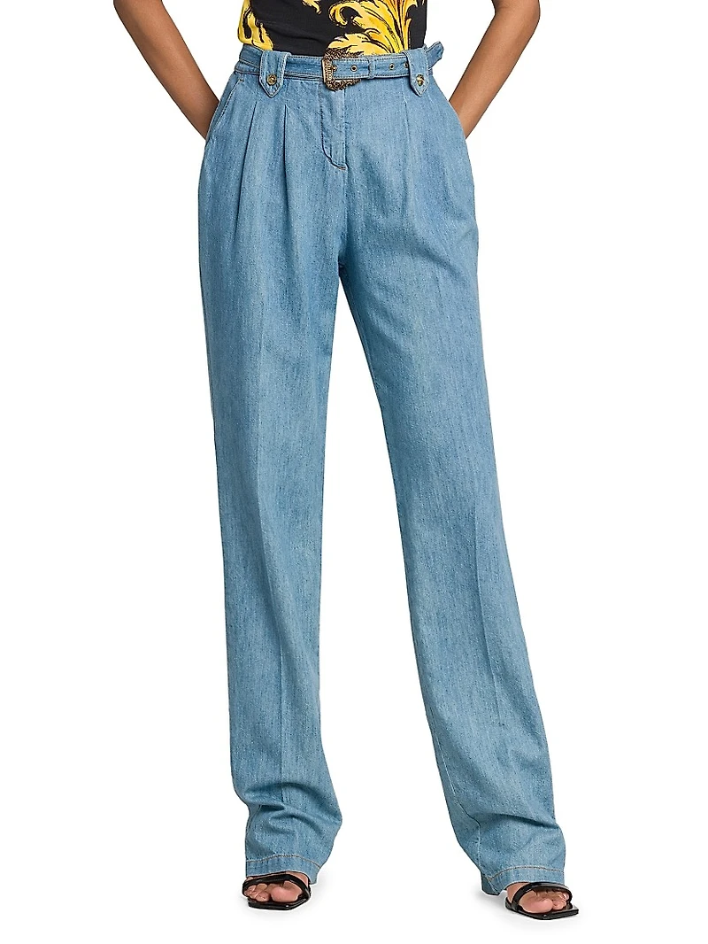 Washed Denim High-Rise Straight-Leg Belted Pants
