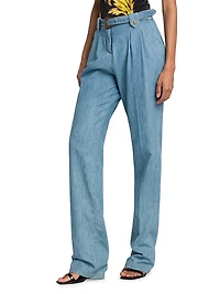 Washed Denim High-Rise Straight-Leg Belted Pants