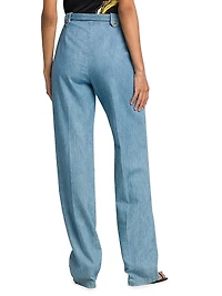 Washed Denim High-Rise Straight-Leg Belted Pants