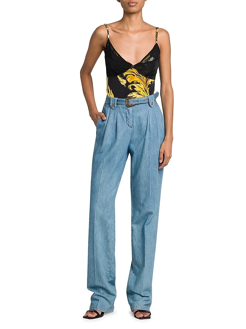 Washed Denim High-Rise Straight-Leg Belted Pants